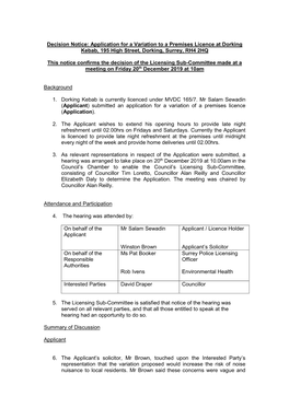 Decision Notice: Application for a Variation to a Premises Licence at Dorking Kebab, 195 High Street, Dorking, Surrey, RH4 2HQ