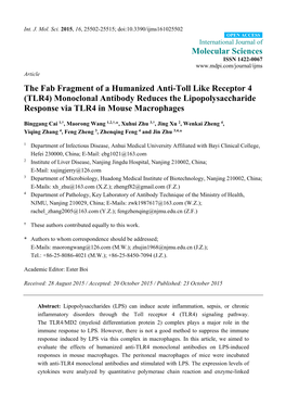 The Fab Fragment of a Humanized Anti-Toll Like Receptor 4 (TLR4) Monoclonal Antibody Reduces the Lipopolysaccharide Response Via TLR4 in Mouse Macrophages