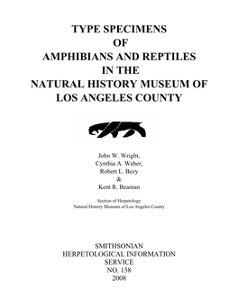 Type Specimens of Amphibians and Reptiles in the Natural History Museum of Los Angeles County