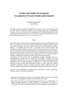 Crime and Justice in Germany an Analysis of Recent Trends and Research