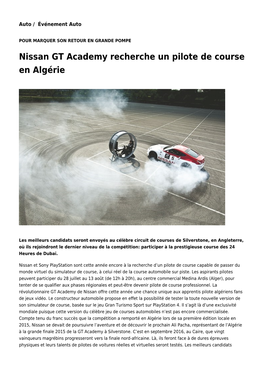 Nissan GT Academy Recherche Un Pilote De Course En Algérie