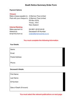 Death Notice Summary Order Form