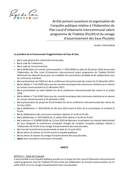 Arrêté Portant Ouverture Et Organisation De L'enquête Publique Relative À L'élaboration Du Plan Local D'urbanisme