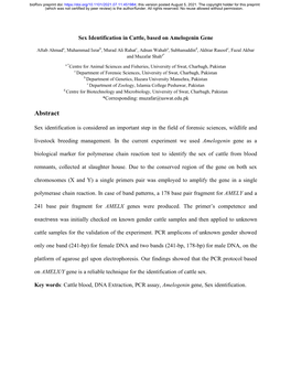 Sex Identification in Cattle, Based on Amelogenin Gene