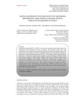 Sexual Reproductive Efficiency of Artemisia Sieversiana Abounding Ladakh (Trans- Himalayan) Region in India