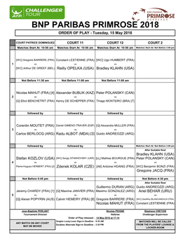 BNP PARIBAS PRIMROSE 2018 ORDER of PLAY - Tuesday, 15 May 2018