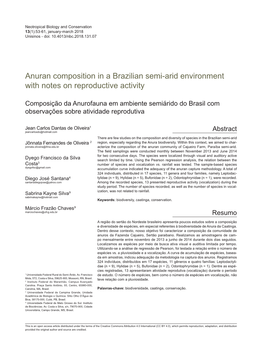 Anuran Composition in a Brazilian Semi-Arid Environment with Notes on Reproductive Activity
