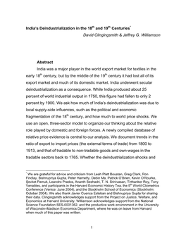 India's Deindustrialization in the 18 and 19 Centuries David Clingingsmith & Jeffrey G. Williamson Abstract India Was a Ma