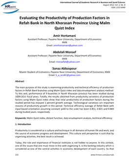 Evaluating the Productivity of Production Factors in Refah Bank in North Khorasan Province Using Malm Quist Index