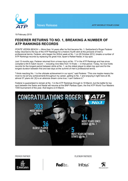 Federer Returns to No. 1, Breaking a Number of Atp Rankings Records