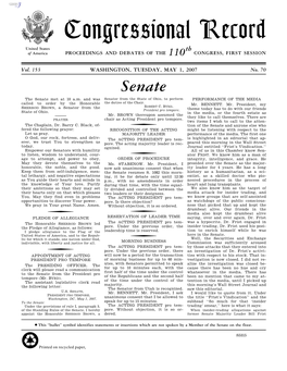 Congressional Record United States Th of America PROCEEDINGS and DEBATES of the 110 CONGRESS, FIRST SESSION