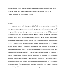 Shannon Mythen, TAAR1-Dependent Astrocyte Dysregulation During HAND and METH Exposure, Master of Science (Biomedical Sciences), September, 2018, 63 Pp