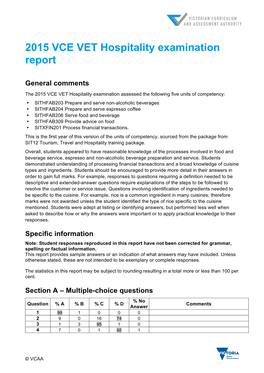 2015 VCE VET Hospitality Examination Report