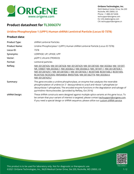 Uridine Phosphorylase 1 (UPP1) Human Shrna Lentiviral Particle (Locus ID 7378) Product Data