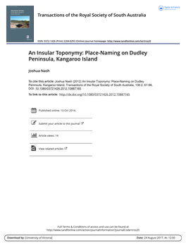 An Insular Toponymy: Place-Naming on Dudley Peninsula, Kangaroo Island