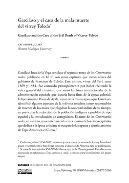 Garcilaso Y El Caso De La Mala Muerte Del Virrey Toledo*