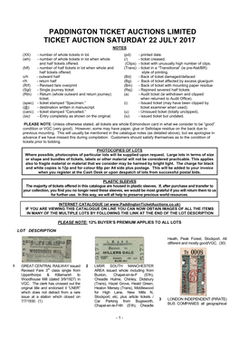 Paddington Ticket Auctions Limited Ticket Auction Saturday 22 July 2017
