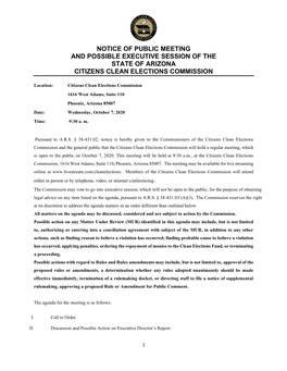 Notice of Public Meeting and Possible Executive Session of the State of Arizona Citizens Clean Elections Commission