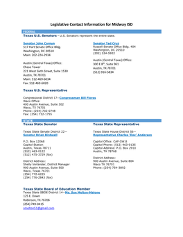 Legislative Contact Information for Midway ISD