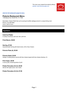 Polonia Restaurant Menu 1780 Blalock Rd, HOUSTON, TX 77080