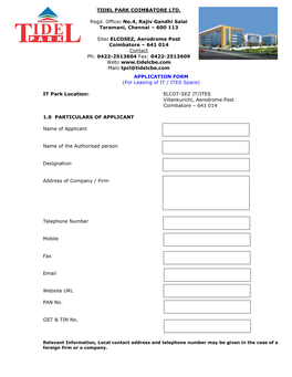 APPLICATION FORM (For Leasing of IT / ITES Space)
