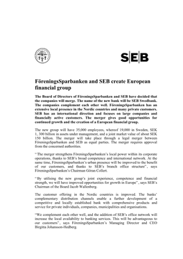 Föreningssparbanken and SEB Create European Financial Group