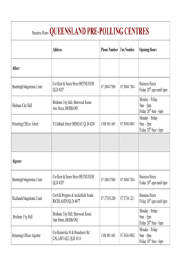 Business Hours QUEENSLAND PRE-POLLING CENTRES