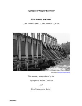 Hydropower Project Summary NEW RIVER, VIRGINIA This Summary