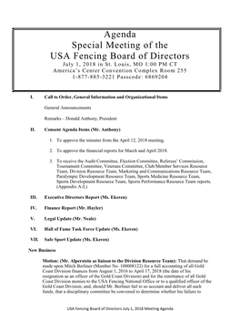 Agenda Special Meeting of the USA Fencing Board of Directors July 1, 2018 in St