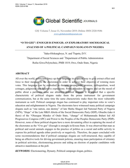 AN EXPLORATORY SOCIOLOGICAL ANALYSIS of a POLITICAL CAMPAIGN SLOGANS in NIGERIA Saka-Olokungbo