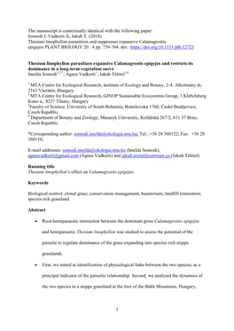 Thesium Linophyllon Parasitizes and Suppresses Expansive Calamagrostis Epigejos PLANT BIOLOGY 20 : 4 Pp