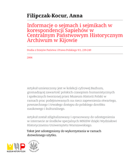 Informacje O Sejmach I Sejmikach W Korespondencji Sapiehów W Centralnym Państwowym Historycznym Archiwum W Kijowie