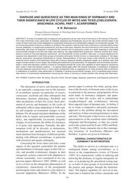 Diapause and Quiescence As Two Main Kinds of Dormancy and Their Significance in Life Cycles of Mites and Ticks (Chelicerata: Arachnida: Acari)