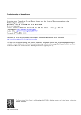 Reproduction, Fecundity, Sexual Dimorphism and Sex Ratio of Etheostoma Fonticola (Osteichthyes: Percidae) Author(S): John R