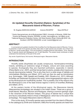 An Updated Hoverfly Checklist (Diptera: Syrphidae) of the Mascarene Island of Réunion, France