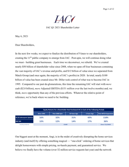 IAC Q1 2021 Shareholder Letter May 6, 2021 Dear Shareholders, in the Next Few Weeks, We Expect to Finalize the Distribution Of