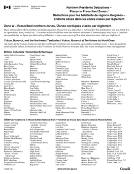 Zone a – Prescribed Northern Zones / Zones Nordiques Visées Par Règlement Place Names Followed by Numbers Are Indian Reserves