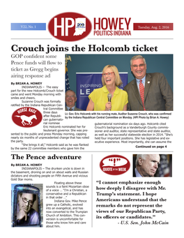 Crouch Joins the Holcomb Ticket GOP Confident Some Pence Funds Will Flow to Ticket As Gregg Begins Airing Response Ad by BRIAN A