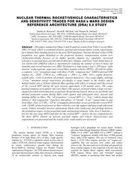 NUCLEAR THERMAL ROCKET/VEHICLE CHARACTERISTICS and SENSITIVITY TRADES for NASA’S MARS DESIGN REFERENCE ARCHITECTURE (DRA) 5.0 STUDY