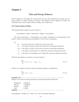 Chapter 4 Mass and Energy Balances