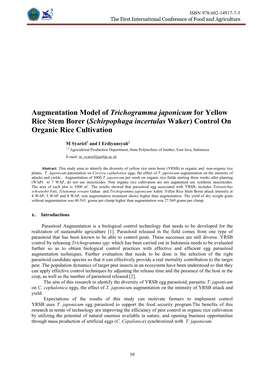 Augmentation Model of Trichogramma Japonicum for Yellow Rice Stem Borer (Schirpophaga Incertulas Waker) Control on Organic Rice Cultivation