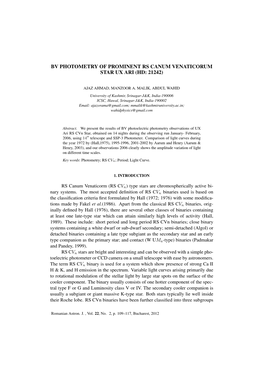 Bv Photometry of Prominent Rs Canum Venaticorum Star Ux Ari (Hd: 21242)