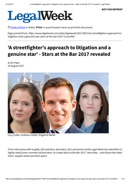 'A Streetfighter's Approach to Litigation and a Genuine Star' - Stars at the Bar 2017 Revealed | Legal Week NOT for REPRINT