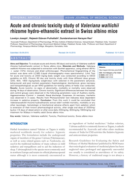 Acute and Chronic Toxicity Study of Valeriana Wallichii Rhizome Hydro-Ethanolic Extract in Swiss Albino Mice