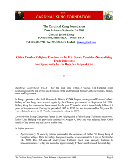 The Cardinal Kung Foundation China Crushes Religious Freedom As The
