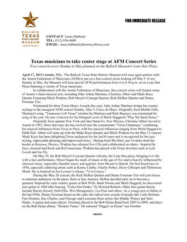 Texas Musicians to Take Center Stage at AFM Concert Series Free Concerts Every Sunday in May Planned on the Bullock Museum's Lone Star Plaza