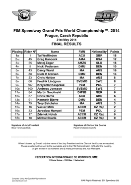 FIM Speedway Grand Prix World Championship™. 2014 Prague, Czech Republic 31St May 2014 FINAL RESULTS