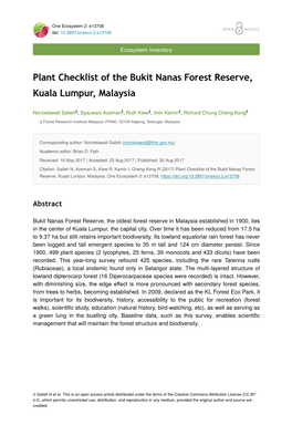 Plant Checklist of the Bukit Nanas Forest Reserve, Kuala Lumpur, Malaysia