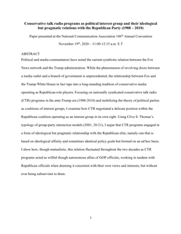 Conservative Talk Radio Programs As Political Interest Group and Their Ideological but Pragmatic Relations with the Republican Party (1988 – 2010)