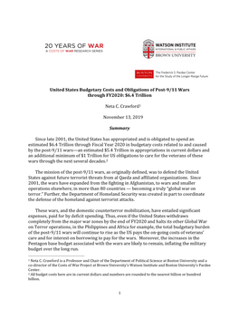 United States Budgetary Costs and Obligations of Post-9/11 Wars Through FY2020: $6.4 Trillion